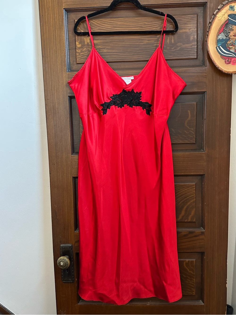 Vintage California Dynasty Red Satin Slip with Black Floral Embroidery 3X
